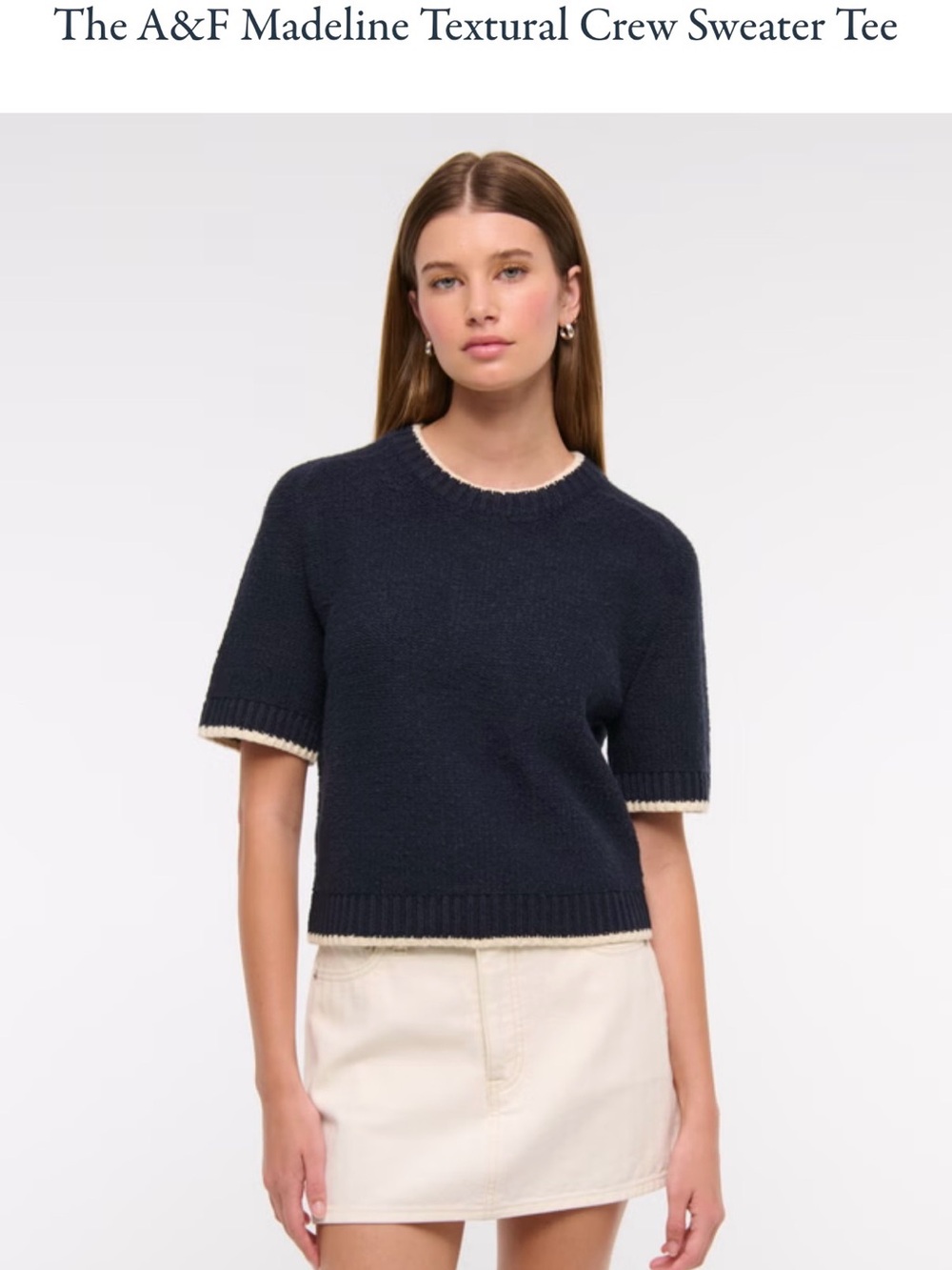 Abercrombie & Fitch Navy Madeline Textural Crew Sweater Tee with Cream Trim